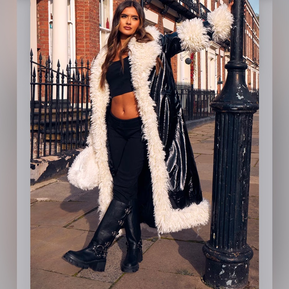 Brand New - SOLD OUT - Black Faux Mongolian Fur Trim Vinyl Maxi Coat